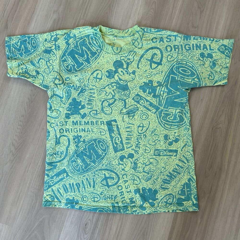Vintage RARE 90s Green All Over Print Disney Cast Member Tee T-Shirt Read!